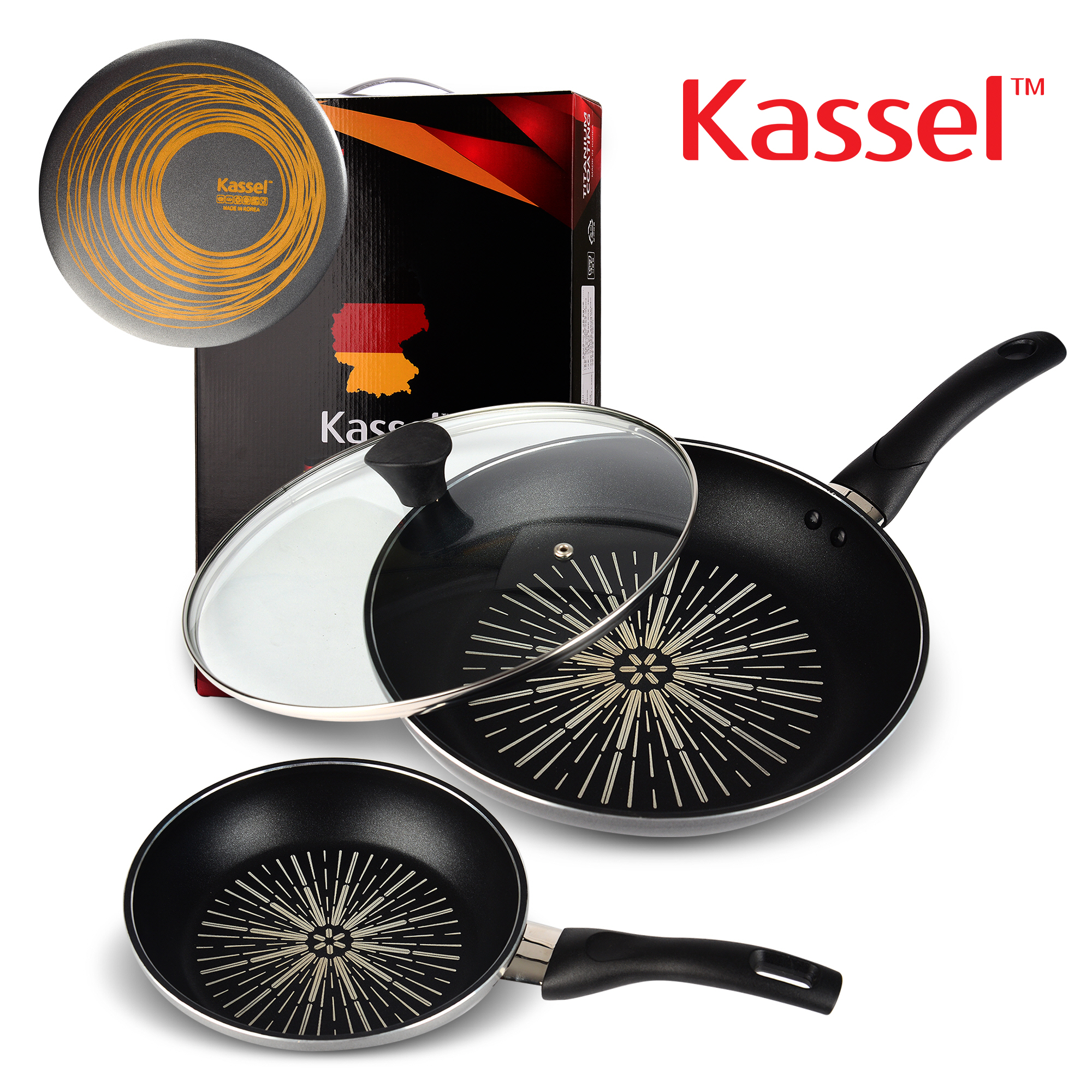 [Kassel ] 카셀 단조형 티타늄 후라이팬 3종A세트 [후20cm+후28cm+유리뚜껑28cm]