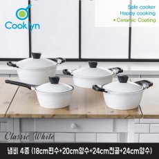 [쿡클린]클래식화이트 세라믹 냄비 4종 (18cm편수+20cm양수+24cm전골+24cm양수)