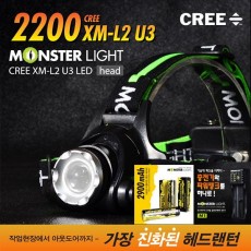 몬스터라이트 2200 XM-L2 U3 LED 줌 헤드랜턴 SET (18650 2EA+2구충전기)