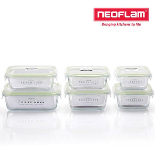 네오플램 프레시락 내열유리 밀폐용기 6종세트 (정사각 300ml,500ml,800ml/직사각 300ml, 600ml, 1000ml 각1ea)