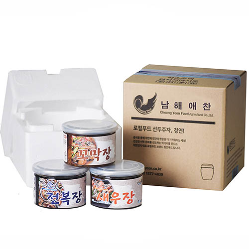 전남완도 저염식 특허간장 남해애찬 알뜰선물세트5호(전복장 250g + 새우장 250g + 꼬막장 250g)
(냉장)