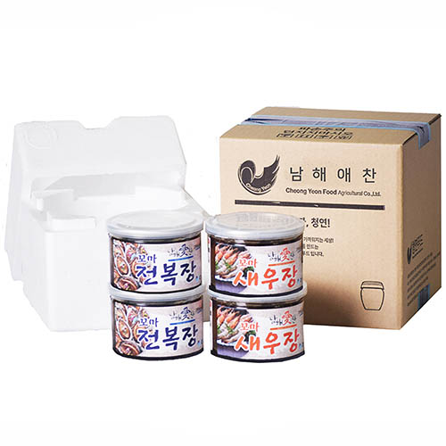 전남완도 저염식 특허간장 남해애찬 알뜰선물세트6호(꼬마전복장 250g x 2 + 꼬마새우장 250g x 2)
(냉장)