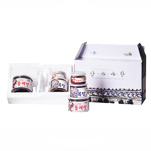 전남완도 저염식 특허간장 남해애찬 행복선물세트2호( 돌게장 500g + 전복장 250g + 고추장굴비 100g )(냉장)