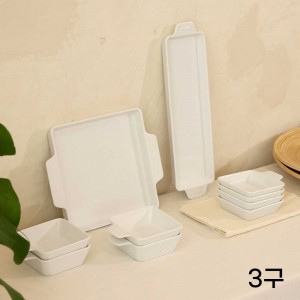 [케어프린] 세라믹 나눔 접시 볼 플레이팅 직사각 3구 나눔접시세트(5P)